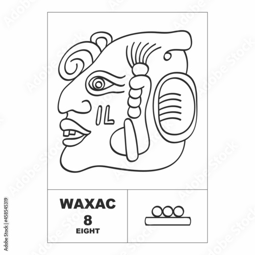 Vector icon with Mayan numerals. Mayan head glyph Waxac and maya symbol number eight