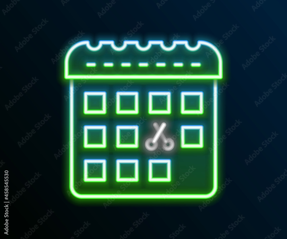 Glowing neon line Calendar with haircut day icon isolated on black background. Haircut appointment concept. Colorful outline concept. Vector