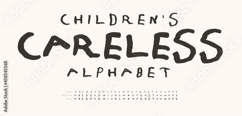 Childrens careless alphabet, hand drawn doodle letters, marker line font. Childhood fun letter set for kids logo, child art, childish game typography. Cute preschool typographic design, cartoon type