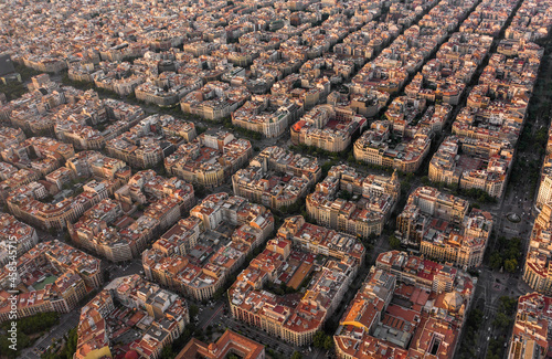 Barcelona City Spain Apartment and City Blocks at Sunset Aerial View