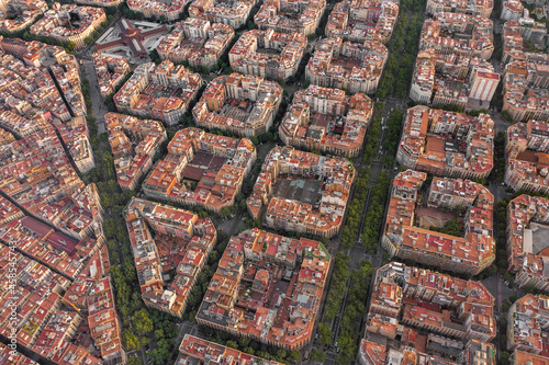 Barcelona City Spain Apartment and City Blocks at Sunset Aerial View