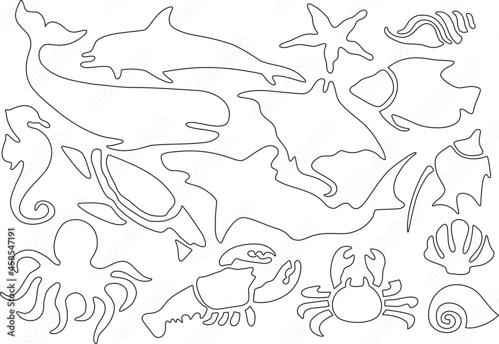 Obraz premium Vector colorless set outline of sea animals. Underwater world. Dolphin, crab, seashells, whale. Eps template image for children's coloring book, textile print 