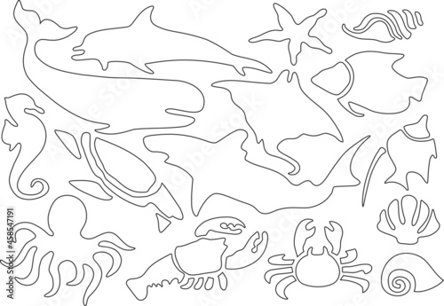 Vector colorless set outline of sea animals. Underwater world. Dolphin, crab, seashells, whale. Eps template image for children's coloring book, textile print  © Helen Sun