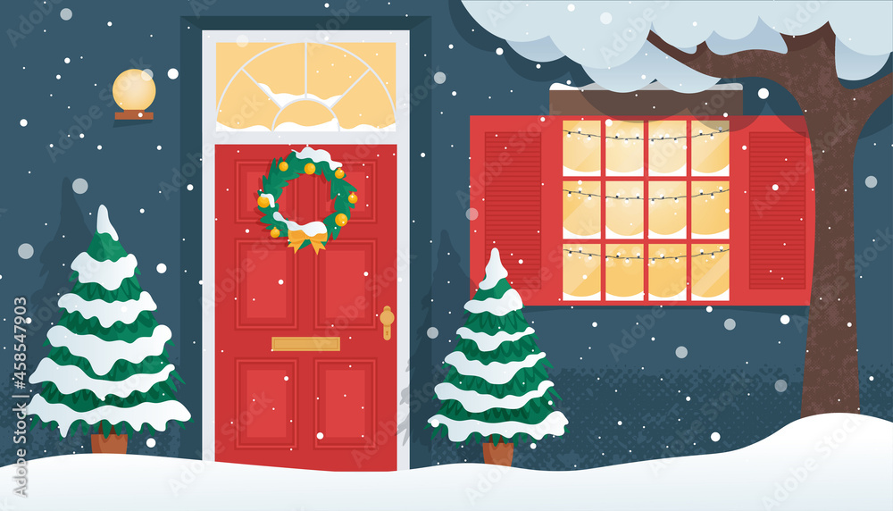 Christmas Front wooden door with christmas wreath and snowy window. Home old exterior at winter season. Dwelling house facade. Vector illustration in cartoon flat style Stock Vector | Adobe Stock Christmas Front wooden door with christmas wreath and snowy window. Home old exterior at winter season. Dwelling house facade. Vector illustration in cartoon flat style Stock Vector | Adobe Stock
