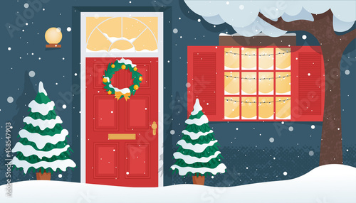 Christmas Front wooden door with christmas wreath and snowy window. Home old exterior at winter season. Dwelling house facade. Vector illustration in cartoon flat style