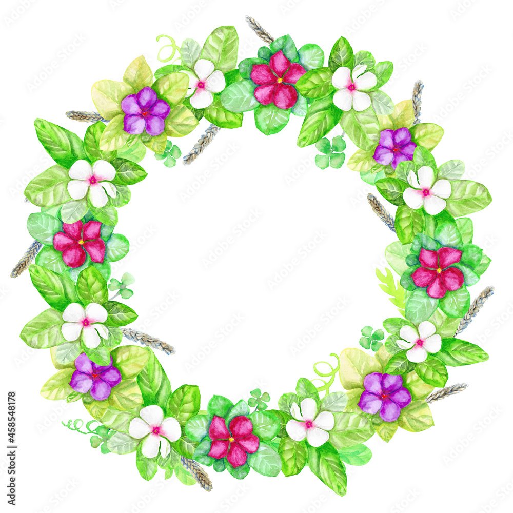 watercolor wreath of flowers for cards design, decoration. colorful and bright white and pink flowers