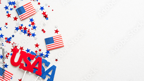 Happy Veterans Day banner mockup. USA decorations, confetti, flags isolated on white background.