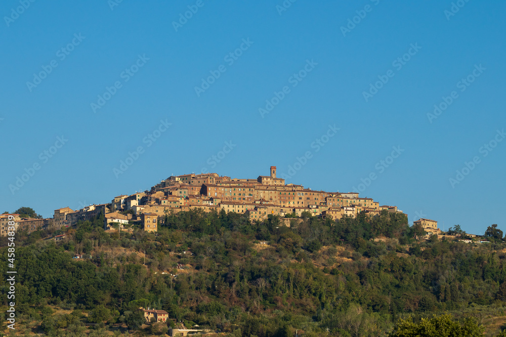 High angle view of the town of Chiusdino (Tuscany, Italy). The village has a mediaeval appearance. Copy space.