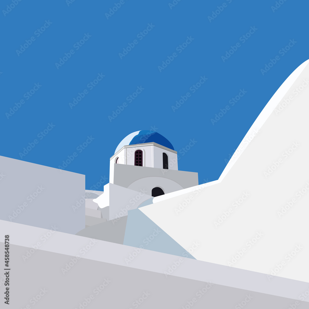 Vector illustration of Santorini island, Greece.  Traditional  churche with blue domes. Blue sky. Illustration for cards, posters or background.