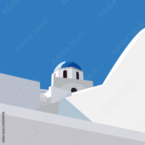Vector illustration of Santorini island, Greece.  Traditional  churche with blue domes. Blue sky. Illustration for cards, posters or background.