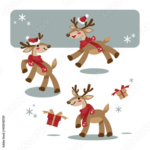 Set of cute reindeers wear red scarf and Santa hat on white background with gift box. Cartoon character in winter costume design for Christmas holiday season and New Year.