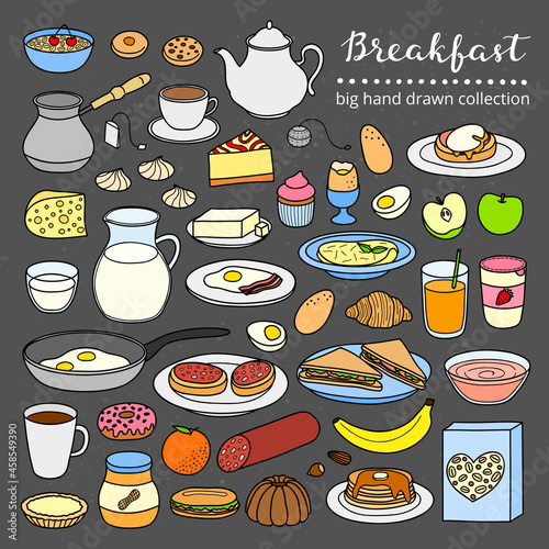 Set of hand drawn breakfast dishes.