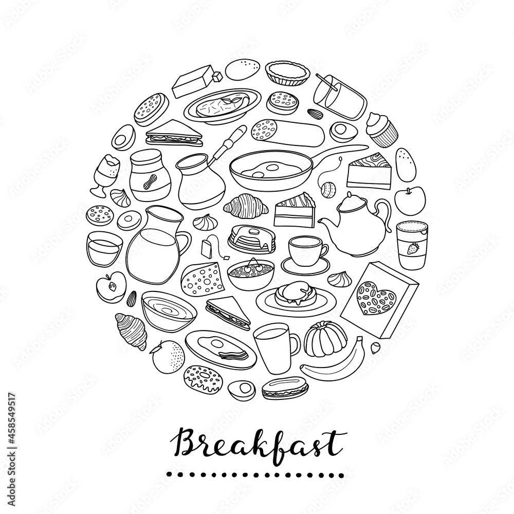 Hand drawn breakfast dishes in circle.