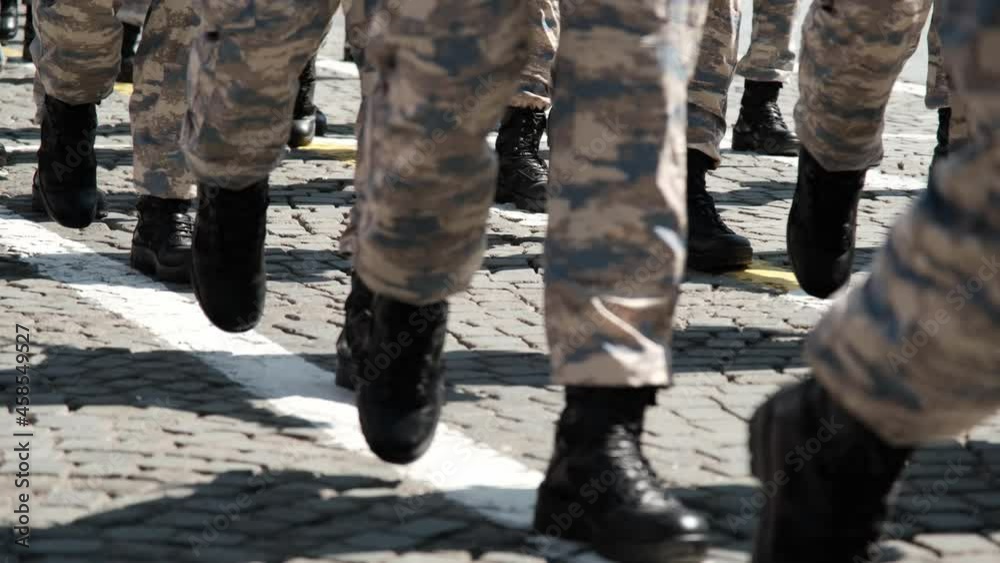 Izmir, Turkey - August 30, 2021: Close up shot of Boots of Turkish soldiers Military walking on Republic Day of Turkey.
Izmir, Turkey - August 30, 2021: Close up shot of Boots of Turkish soldiers Military walking on Republic Day of Turkey.