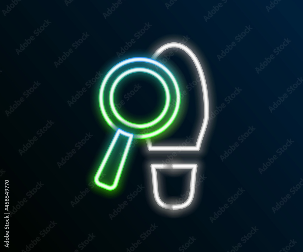 Glowing neon line Magnifying glass with footsteps icon isolated on black background. Detective is investigating. To follow in the footsteps. Colorful outline concept. Vector Glowing neon line Magnifying glass with footsteps icon isolated on black background. Detective is investigating. To follow in the footsteps. Colorful outline concept. Vector