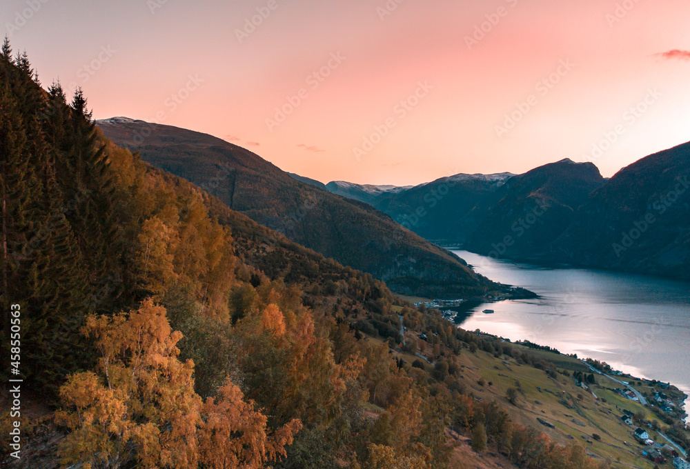 Mountains, Forest and Lake at Sunset