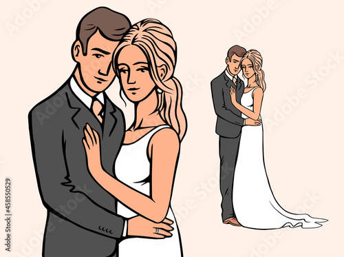 Portrait of the bride and groom. Beautiful newlywed couple. Template for decorating wedding cards and invitations. Vector isolated illustration outline