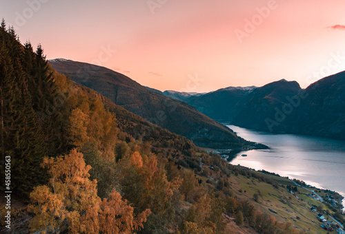 Mountains, Forest and Lake at Sunset