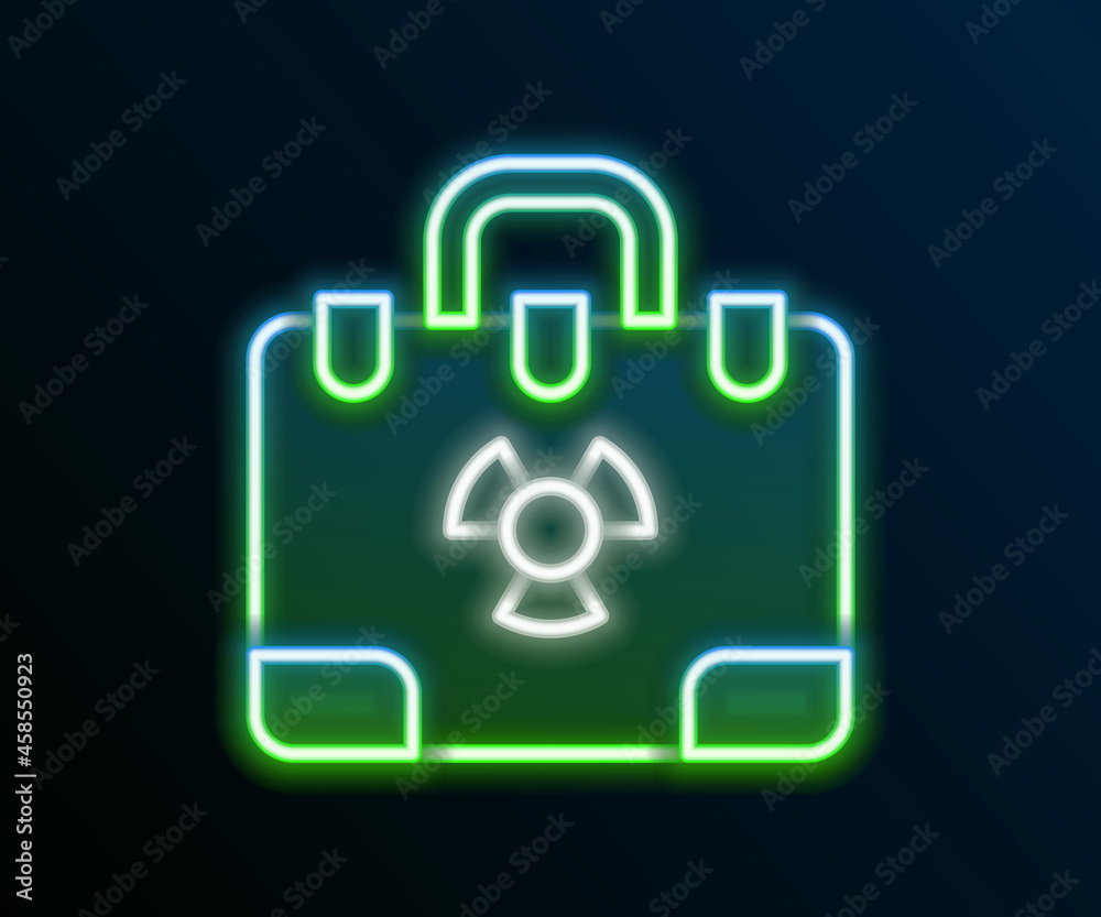 Glowing neon line Radiation nuclear suitcase icon isolated on black background. Colorful outline concept. Vector Glowing neon line Radiation nuclear suitcase icon isolated on black background. Colorful outline concept. Vector