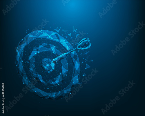 low poly wireframe arrow hitting in the target. goal consisting of points, lines, and triangles. business bullseye to successful. vector illustration in fantastic digital design.