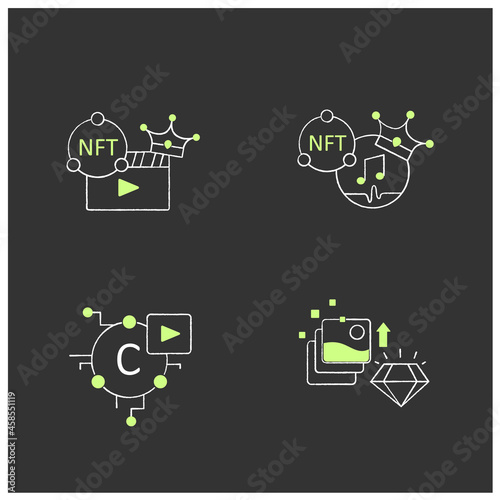 NFT chalk icons set.Non fungible tokens music,video clips,cryptomedia,digital art.Unique digital assets. Digitalization concept. Isolated vector illustrations on chalkboard