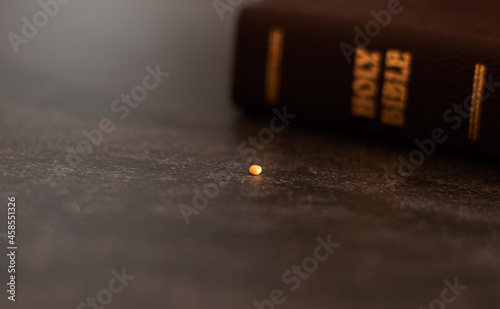 A closeup of mustard seed with closed Holy Bible on a dark background. Faith in God and Jesus Christ. Faithful Christian biblical concept. Strong belief and trust in the LORD. 