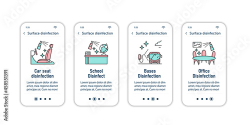  Surface disinfection onboarding mobile app screens.Disinfection at home,workplace,public spaces,transport. Preventative measures steps menu.Set of UI,UX,web template with RGB color linear icons