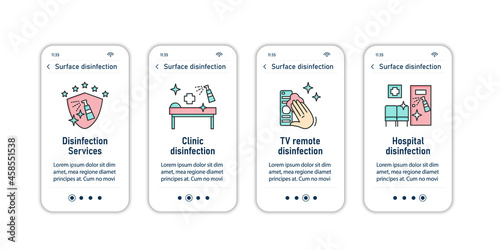  Surface disinfection onboarding mobile app screens.Disinfection at home,workplace,public spaces,transport. Preventative measures steps menu.Set of UI,UX,web template with RGB color linear icons