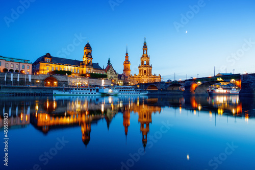 Dresden at evening reflected in water of Elbe
