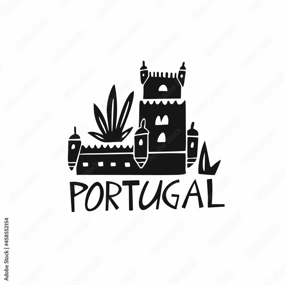 Vector hand drawn symbol of Portugal. Travel illustration of Portuguese castle. Hand drawn lettering illustration. Portuguese landmark logo