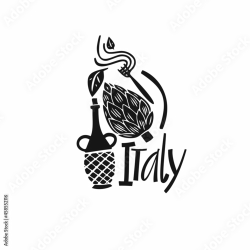 Vector hand drawn Italy label. Travel illustration of Italian Food. Hand drawn lettering illustration. Italian symbol logo photo