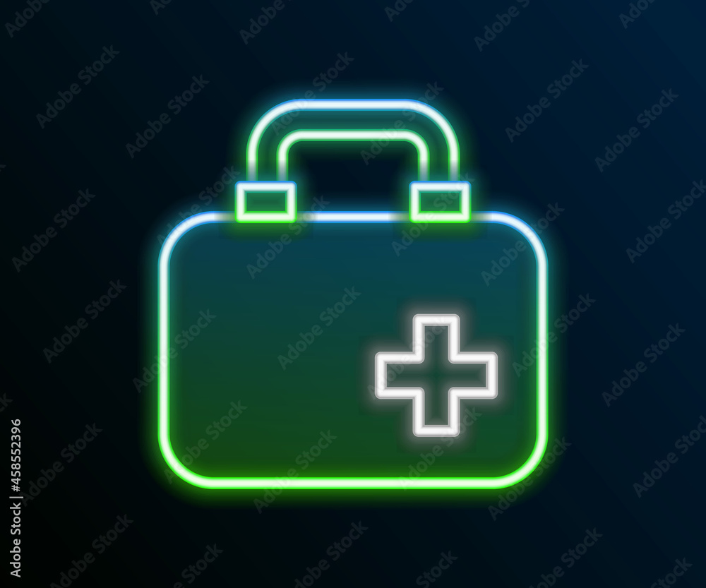 Glowing neon line First aid kit icon isolated on black background. Medical box with cross. Medical equipment for emergency. Healthcare concept. Colorful outline concept. Vector Glowing neon line First aid kit icon isolated on black background. Medical box with cross. Medical equipment for emergency. Healthcare concept. Colorful outline concept. Vector