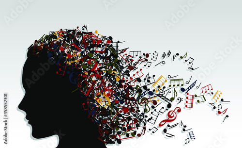 girl silhouette profile with color music note hair / music theme background photo