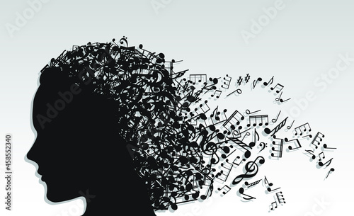 silhouette girl profile with music note hair