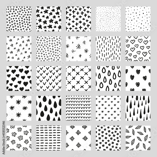 Set of hand drawn seamless patterns with textures.
