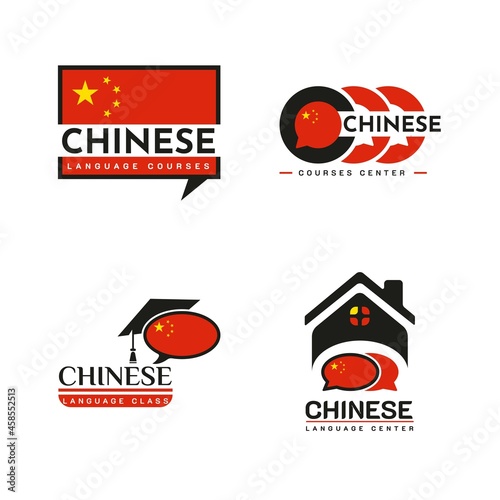 Set of Chinese Language Class Logo. The language exchange program, forum and international communication sign. With Chinese flag