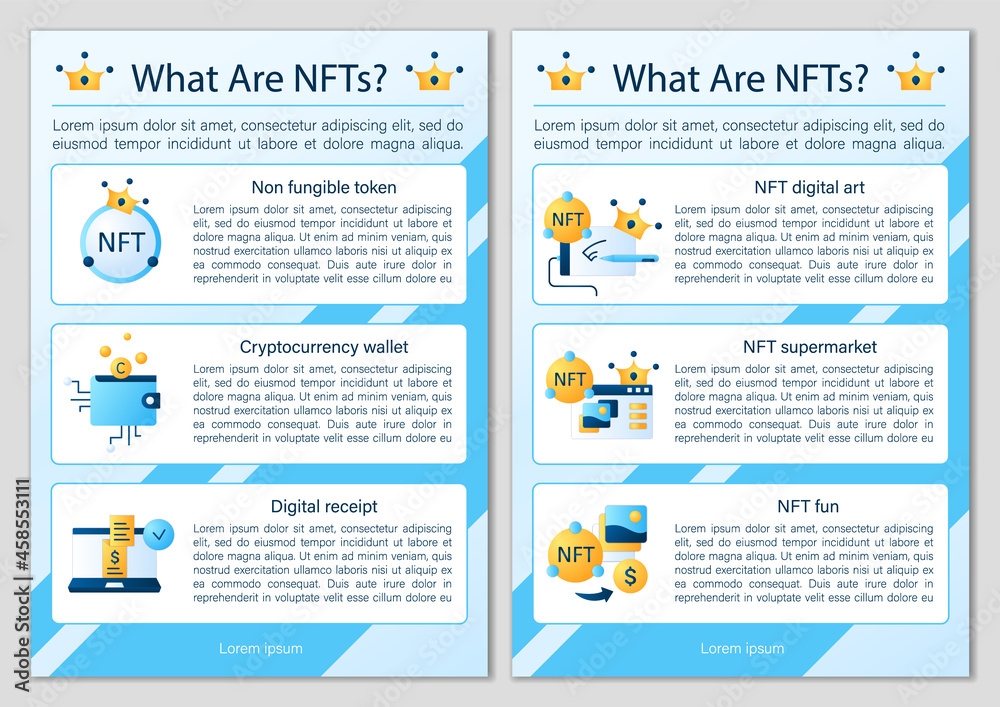 NFT brochures icons.Digital art. Non fungible token template.Flyers,magazines,posters,book covers.Cryptocurrency infographic concept.Layout illustrations page with icons