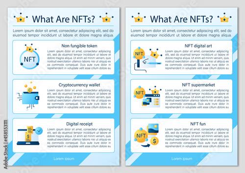 NFT brochures icons.Digital art. Non fungible token template.Flyers,magazines,posters,book covers.Cryptocurrency infographic concept.Layout illustrations page with icons