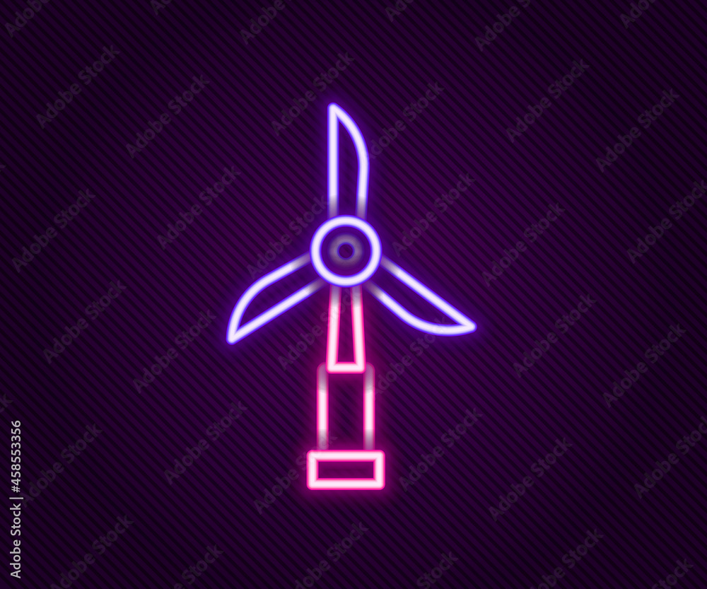 Glowing neon line Wind turbine icon isolated on black background. Wind generator sign. Windmill for electric power production. Colorful outline concept. Vector Glowing neon line Wind turbine icon isolated on black background. Wind generator sign. Windmill for electric power production. Colorful outline concept. Vector
