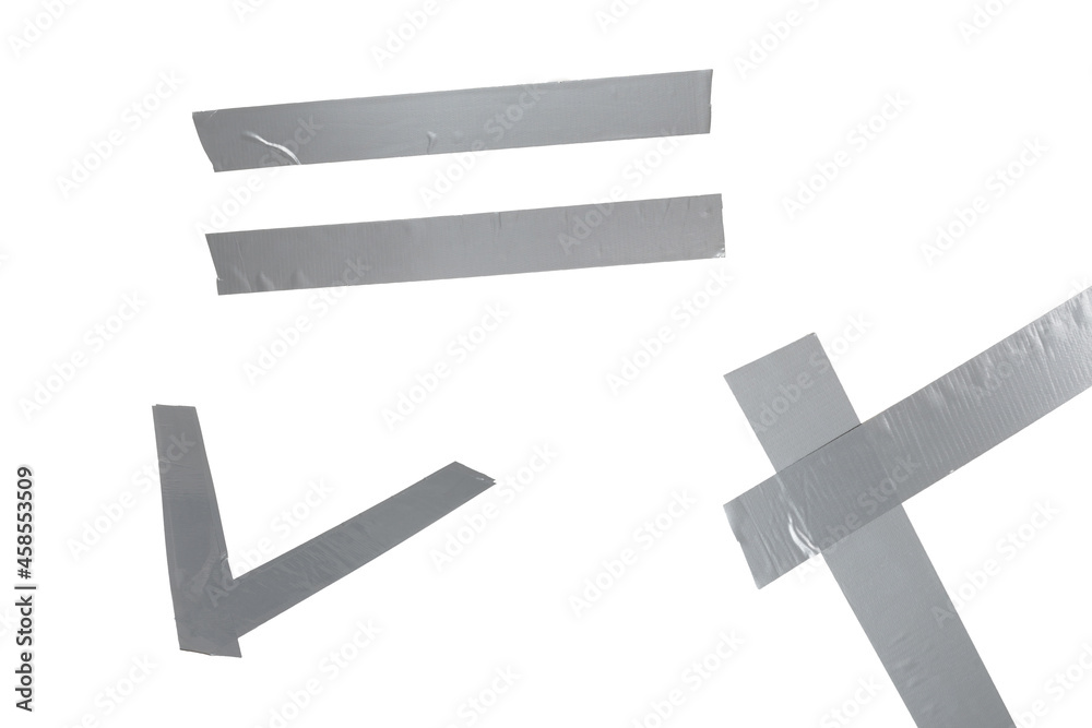 Silver scotch tape pieces isolated on white background.