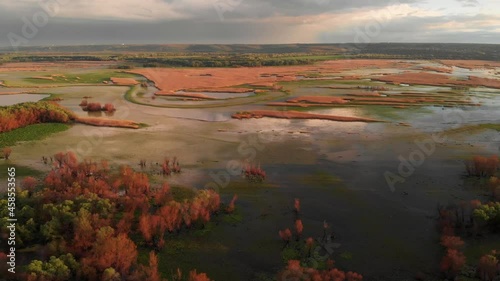 spring rural aerial landscape overflow land river flood aerial panorama dnister  photo