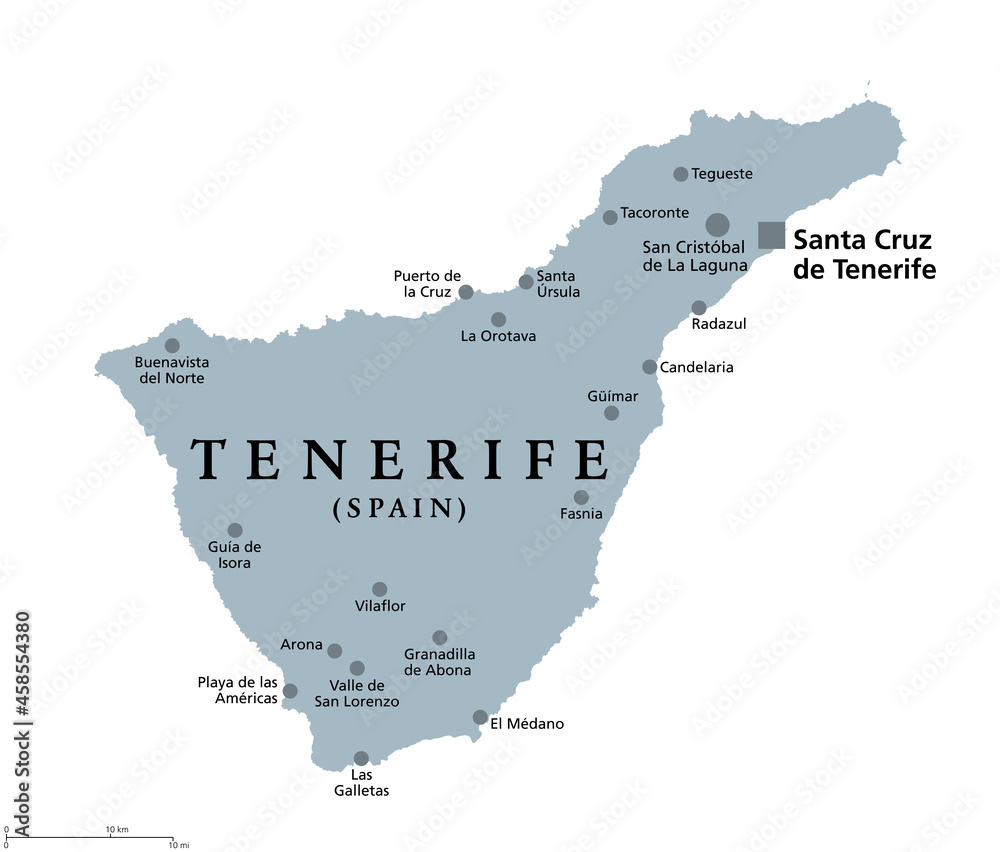 Tenerife island, gray political map, with capital Santa Cruz de Tenerife. Largest and most populous island of Canary Islands, archipelago and autonomous community of Spain in the North Atlantic Ocean.