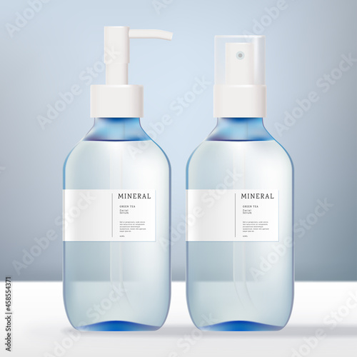 Vector Alcohol, Hair Shimmer, Fragrance, Antibacterial, Aroma Water Spray or Pump Bottle and Hand Cream Packaging. Transparent Light Blue and White