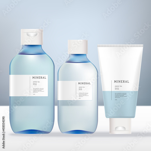 Vector Alcohol, Hair Shimmer, Fragrance, Antibacterial, Aroma Water Spray or Pump Bottle and Hand Cream Packaging. Transparent Light Blue and White