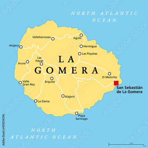 La Gomera island, political map, with capital San Sebastian de La Gomera. One of the Canary Islands, an archipelago and autonomous community of Spain, in North Atlantic Ocean, off the coast of Africa.
