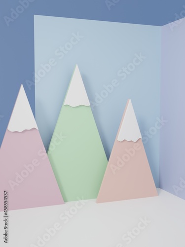 3D Rendering Minimal Geometric Snow Mountain Product Display Background for Camping, Travel or Food and Beverage Products.