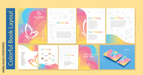 Colorful and attractive brochure book layout design with blend pattern and gradient for baby product brands, kids brands, kids and nursery schools, clothing, playful, fun business designs
