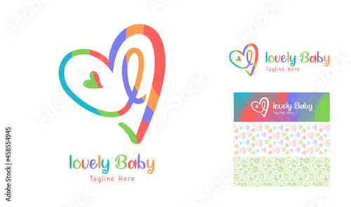 Attractive colorful butterfly love logo  with pattern and theme using letter L with baby icon pattern using colors red, blue, pink, orange, green for baby product brand, preschool nursery designs