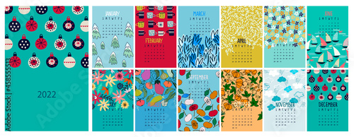 Calendar vector template for year 2022. Separate pages for 12 months. Each month has season specific decoration, including season flowers, fruit, weather, leisure activities. Isolated calendar dates photo