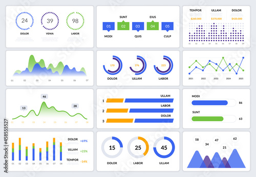 Dashboard UI infographic. Web presentation screen data graphs HUD diagrams, modern app interface. Vector illustration photo